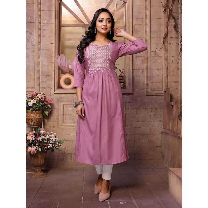 Rangita Women s Wine Rayon Embroidered Calf Length A-Line Kurta | L