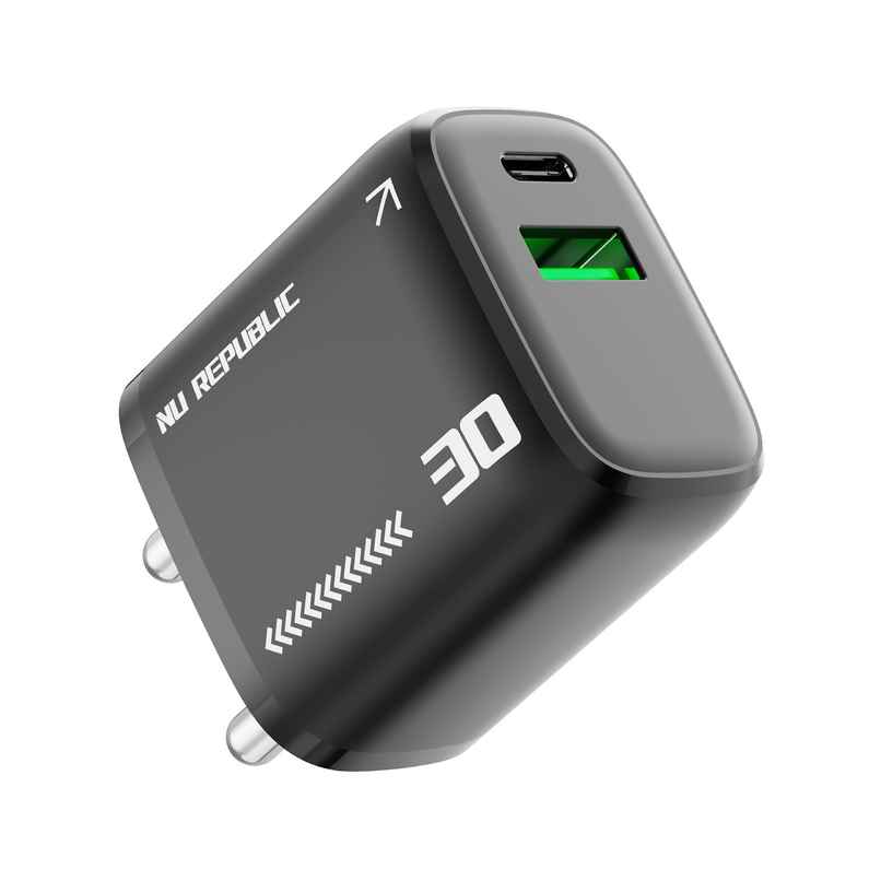 Nu Republic 30 W GaN 4 A Dual Port Mobile Charger with Detachable Cable - Black