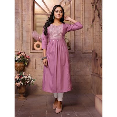 Rangita Women s Wine Rayon Embroidered Calf Length A-Line Kurta | L Rangita Women s Wine Rayon Embroidered Calf Length A-Line Kurta | L