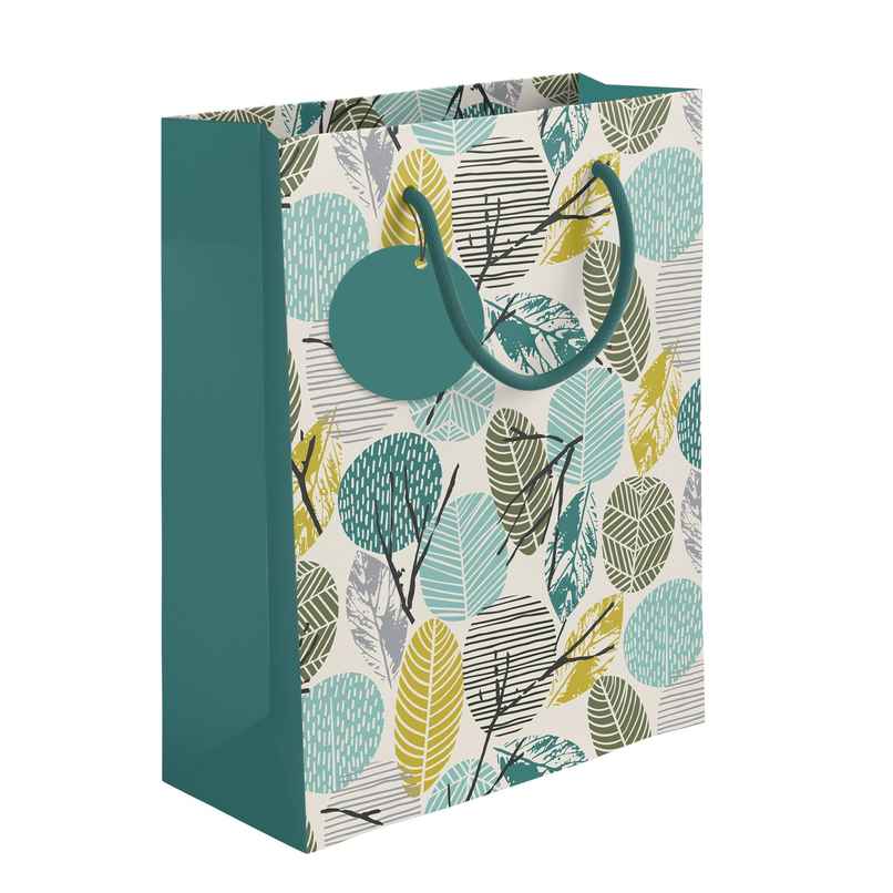 Paperpep Leaf Print | Gift Paper Bag | Cream and Green | 13 x 10 x 4.5 in
