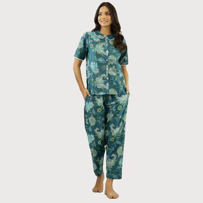 Sanskrutihomes Women Green Printed Cotton Night Suit SE-NSP-98 | M Sanskrutihomes Women Green Printed Cotton Night Suit SE-NSP-98 | M