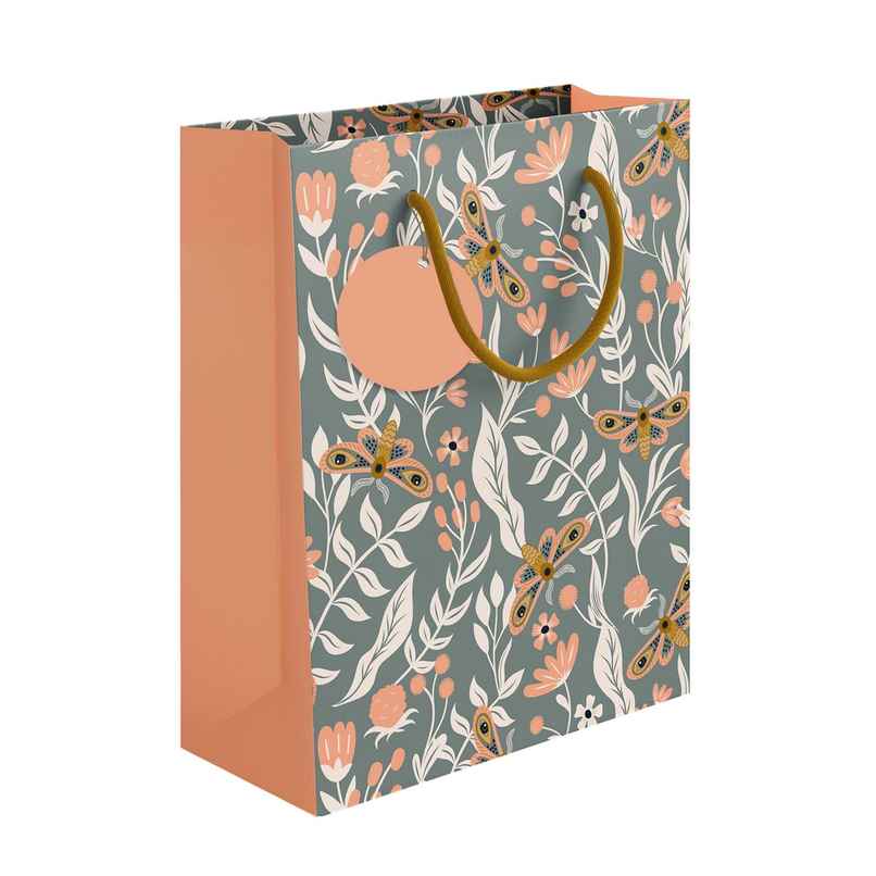 Paperpep Floral & Moth Pattern Print | Gift Paper Bag | Grey | 9 x 7 x 4 in