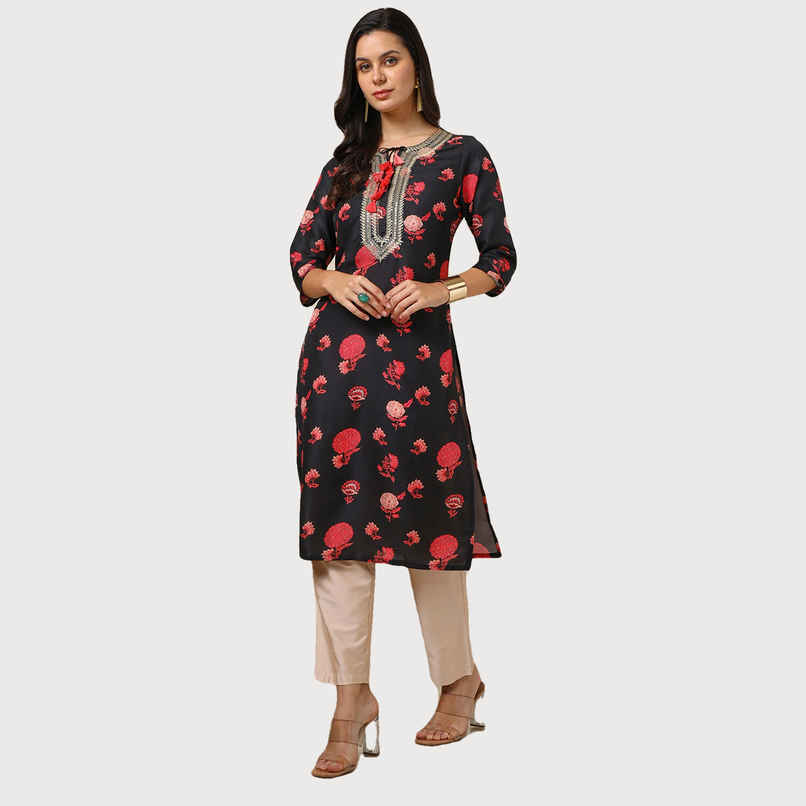 Soch Women's Black Muslin Blend Floral Print Kurta With Sequins | L Soch Women's Black Muslin Blend Floral Print Kurta With Sequins | L