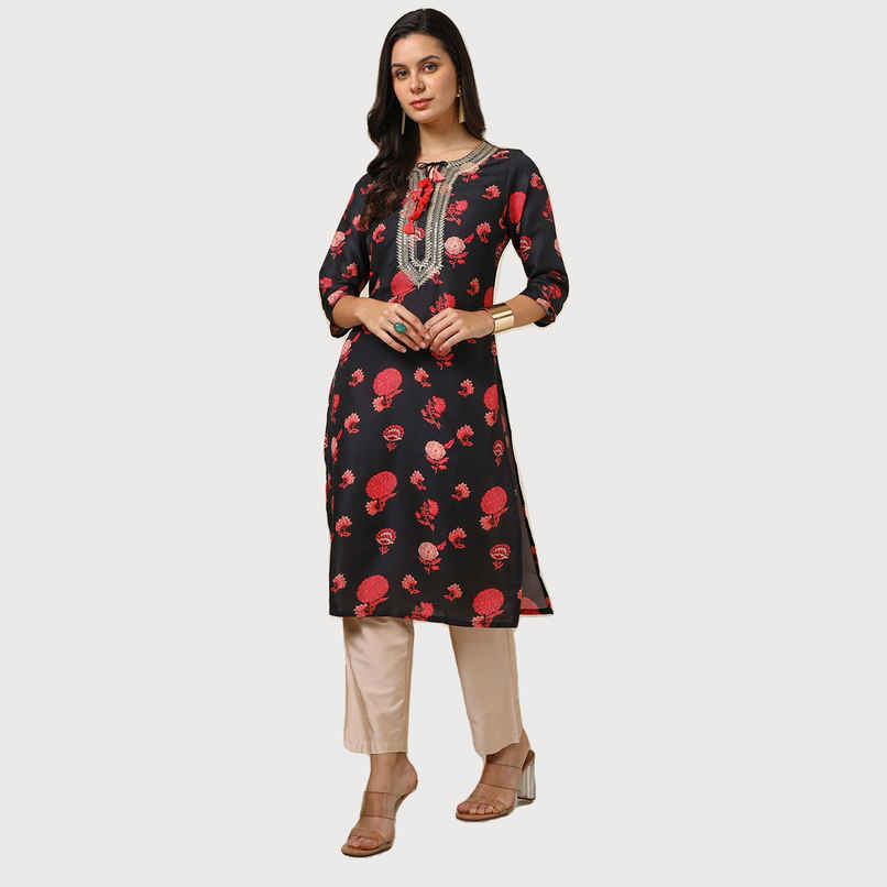Soch Women's Black Muslin Blend Floral Print Kurta With Sequins | M Soch Women's Black Muslin Blend Floral Print Kurta With Sequins | M