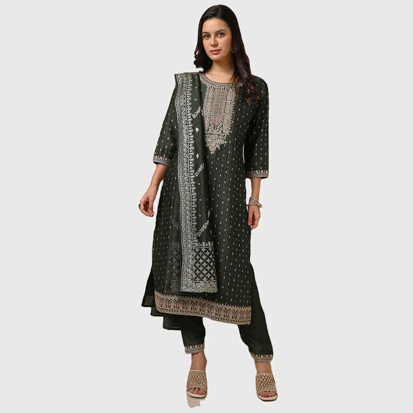 Soch Women's Olive Foil Print Suit Set With Thread Work L Soch Women's Olive Foil Print Suit Set With Thread Work L