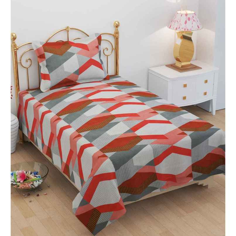 Casacraft by Pepperfry Red Abstract 210 TC Microfibre Single Bedsheet With 1 Pillow Cover