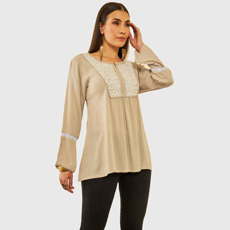 Soch Women's Beige Crepe Embroidered Tunic With Thread Work S Soch Women's Beige Crepe Embroidered Tunic With Thread Work S