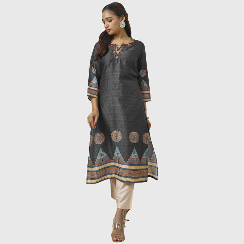 Soch Women's Black Muslin Blend Embroidered Kurta With Beads | XL