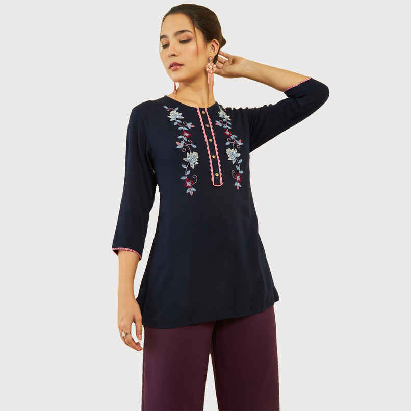 Soch Women's Navy Blue Crepe Embroidered Tunic With Thread Work M Soch Women's Navy Blue Crepe Embroidered Tunic With Thread Work M