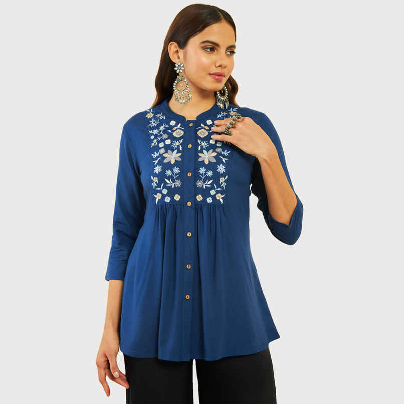 Soch Women's Teal Rayon Embroidered Tunic With Thread Work XL Soch Women's Teal Rayon Embroidered Tunic With Thread Work XL