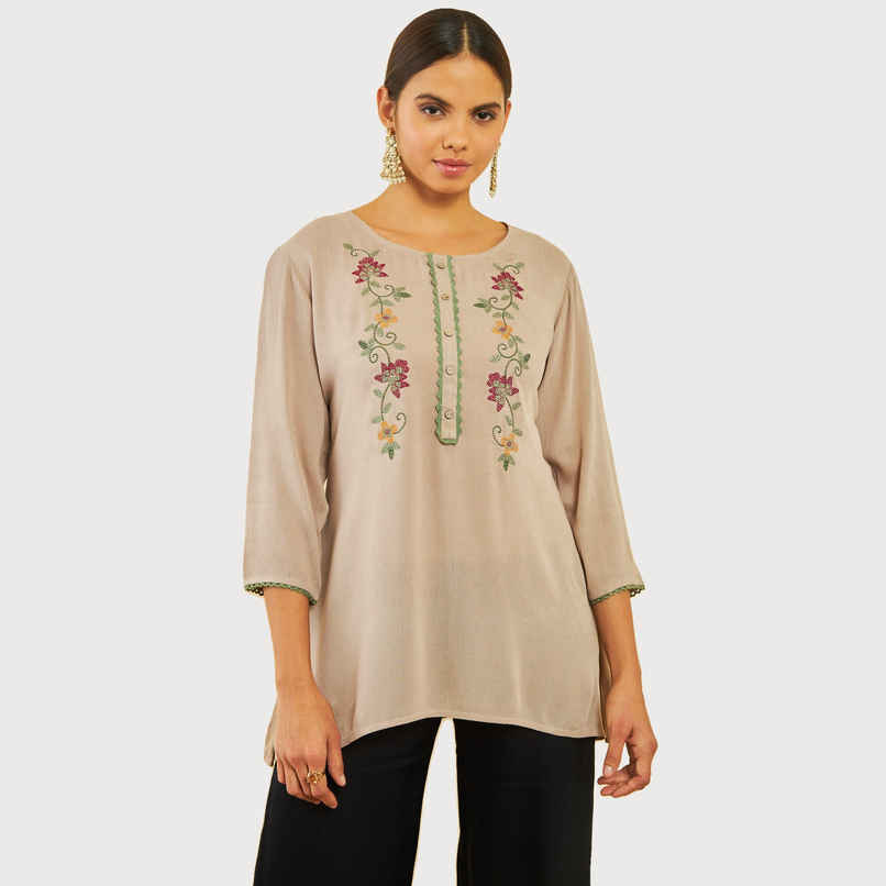 Soch Women's Beige Crepe Embroidered Tunic With Thread Work S Soch Women's Beige Crepe Embroidered Tunic With Thread Work S