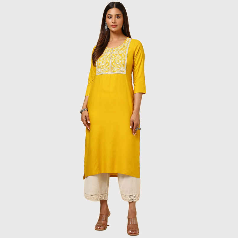Soch Women's Mustard Rayon Embroidered Kurta With Sequins | M Soch Women's Mustard Rayon Embroidered Kurta With Sequins | M
