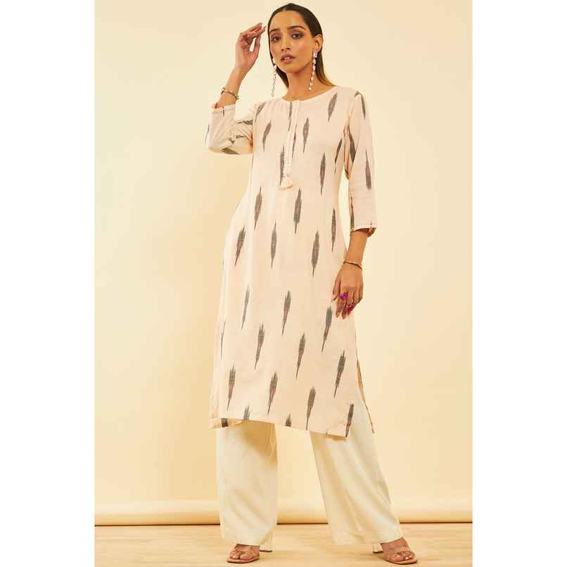 Soch Women's Beige Cotton Ikat Print Kurta With Sequins L Soch Women's Beige Cotton Ikat Print Kurta With Sequins L
