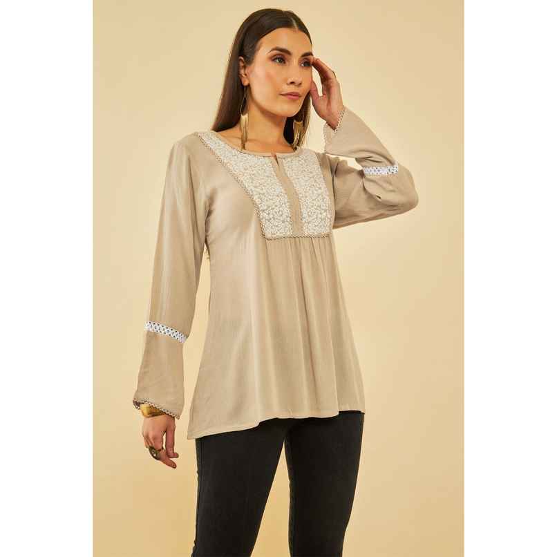 Soch Women's Beige Crepe Embroidered Tunic With Thread Work L Soch Women's Beige Crepe Embroidered Tunic With Thread Work L