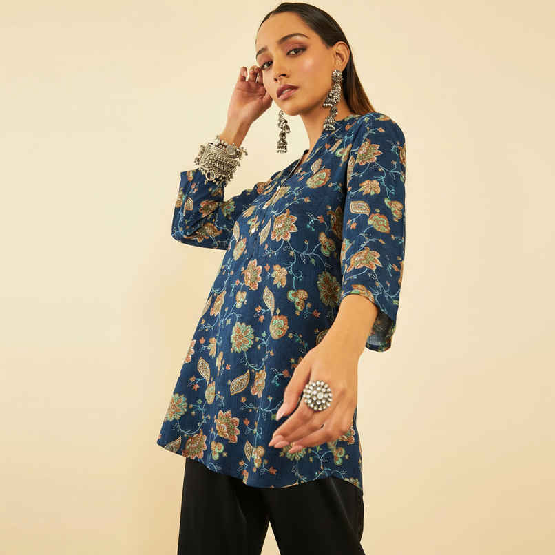 Soch Women's Navy Blue Rayon Floral Print Tunic M Soch Women's Navy Blue Rayon Floral Print Tunic M