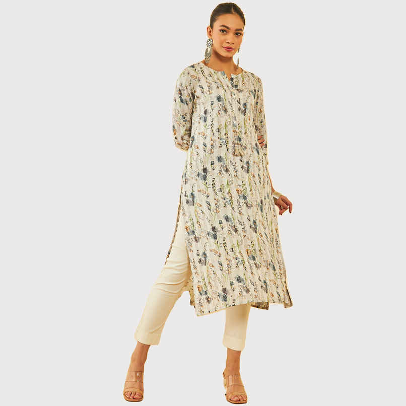 Soch Women's Off White Rayon Floral Print Kurta With Tassels S