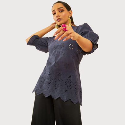 Soch Women's Blue Cotton Schiffli Tunic With Thread Work L Soch Women's Blue Cotton Schiffli Tunic With Thread Work L