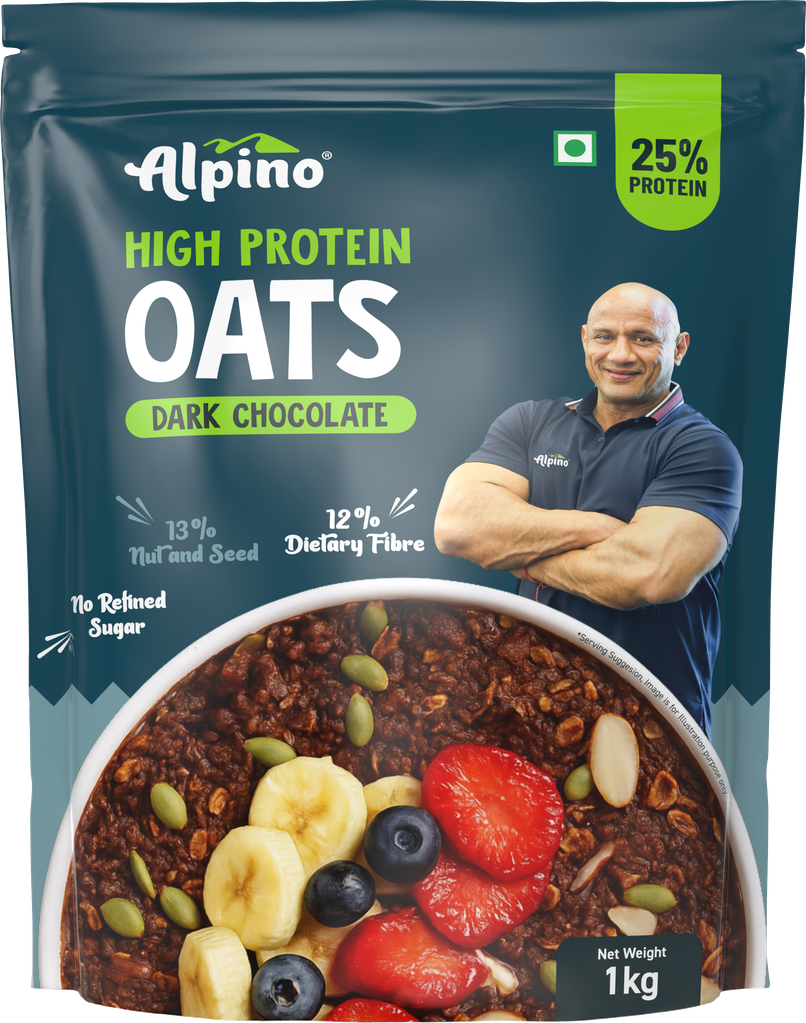 Alpino 25g High Protein Oats Dark Chocolate with Dry Fruit Nut & Seed Mix | No Refined Sugar & Salt Alpino 25g High Protein Oats Dark Chocolate with Dry Fruit Nut & Seed Mix | No Refined Sugar & Salt