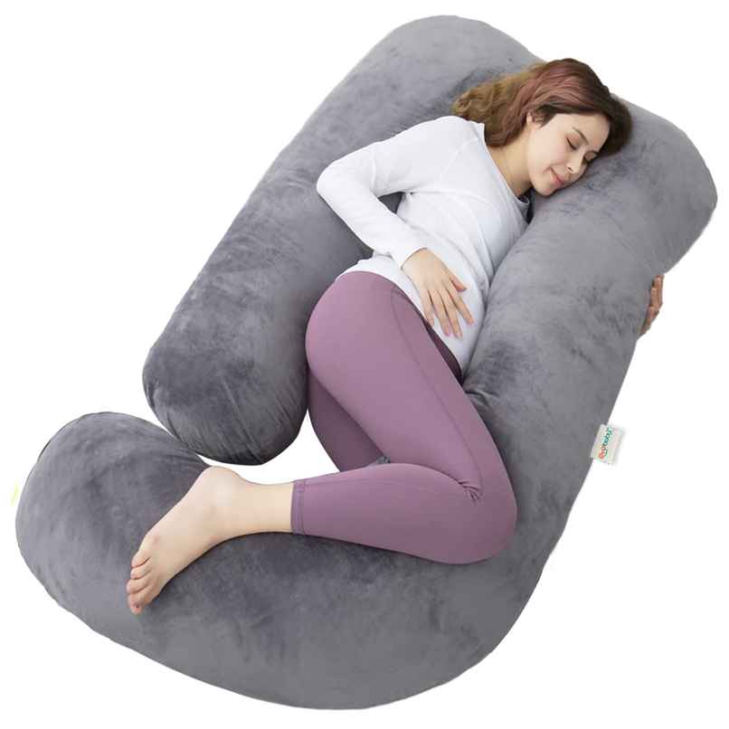 Oyo Baby Pregnancy Pillows For Sleeping J-Shape Full Body Support Velvet Cover Grey