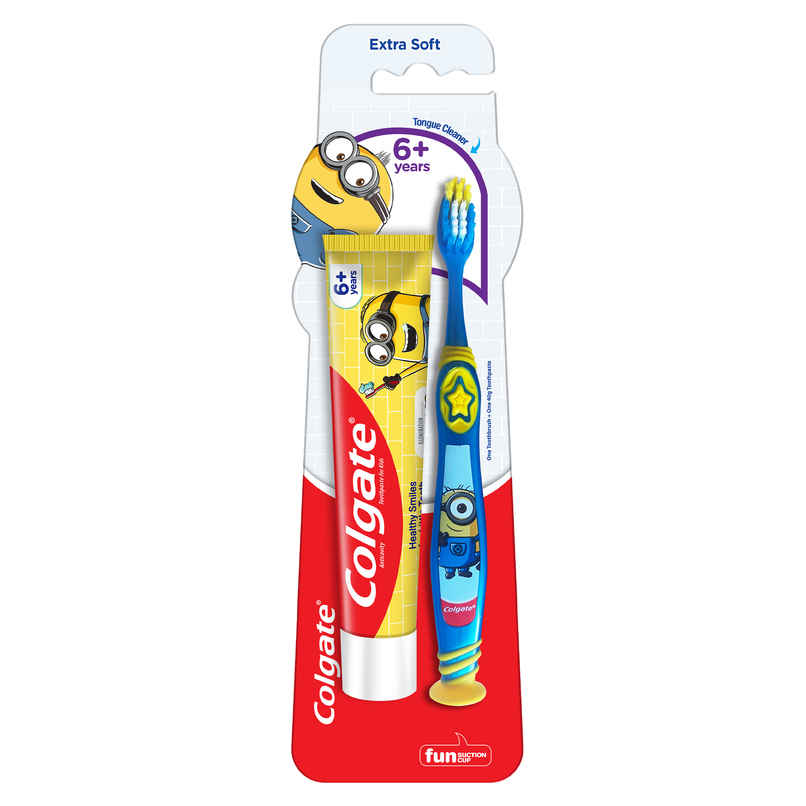 Colgate Kids (6+ years) Minion Toothbrush, Extra Soft with Tongue Cleaner - 1 Pc & Toothpaste