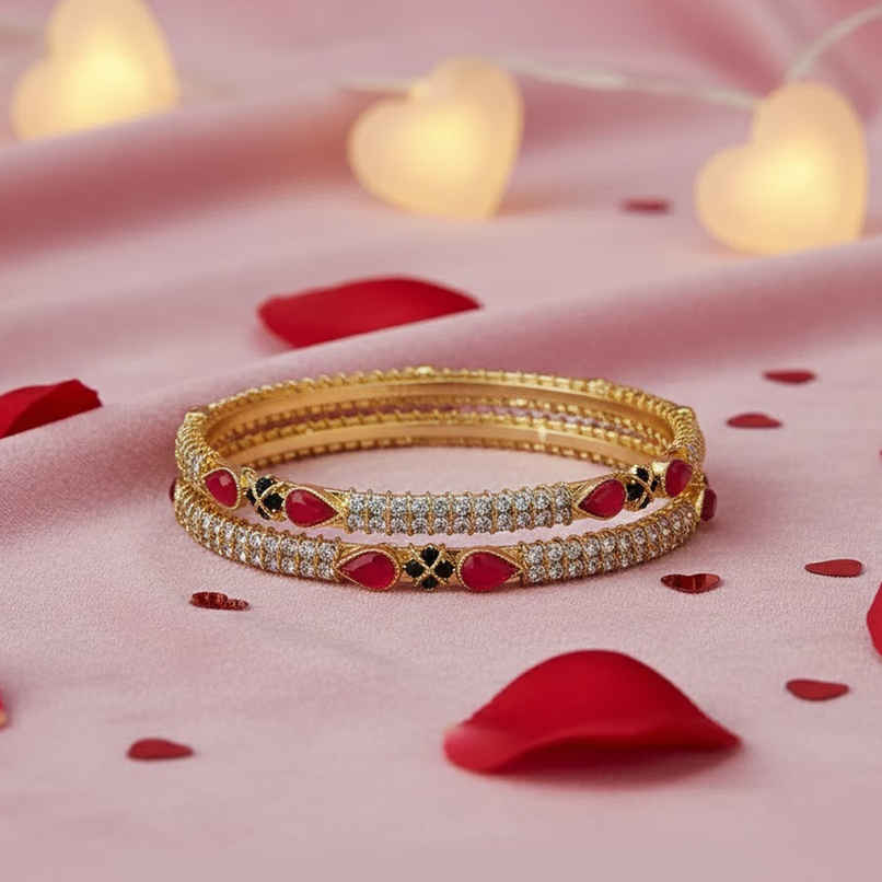 Sukkhi Gold Plated Red & Green Color White Thin Bracelet Bangle Set Jewellery for Women - 2.8