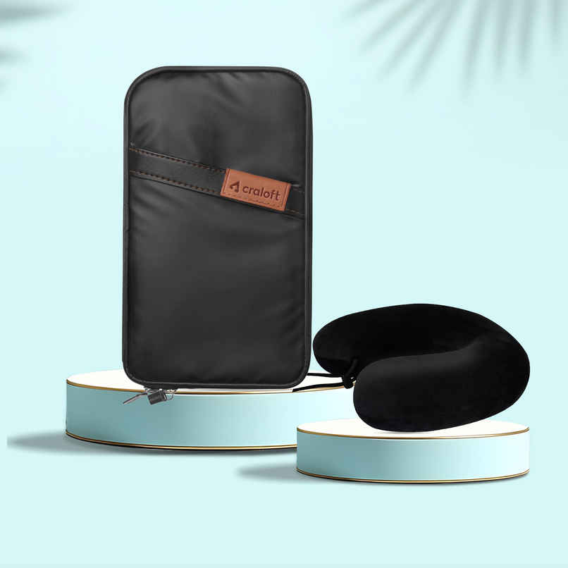 Craloft Family Passport Holder Bag Wallet Pouch Cover For Men & Women - Travel Essentials Organizer (1pc) & Trajectory Unisex Solid Polyester Neck Pillow | Black - One Size (1pc) Combo