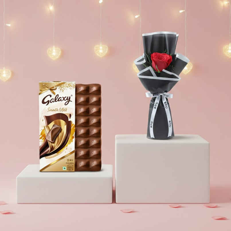 Galaxy Smooth Milk Chocolate Bar For Gifting (110g) & Fnp Single Red Rose Bouquet (1pc) Combo Galaxy Smooth Milk Chocolate Bar For Gifting (110g) & Fnp Single Red Rose Bouquet (1pc) Combo