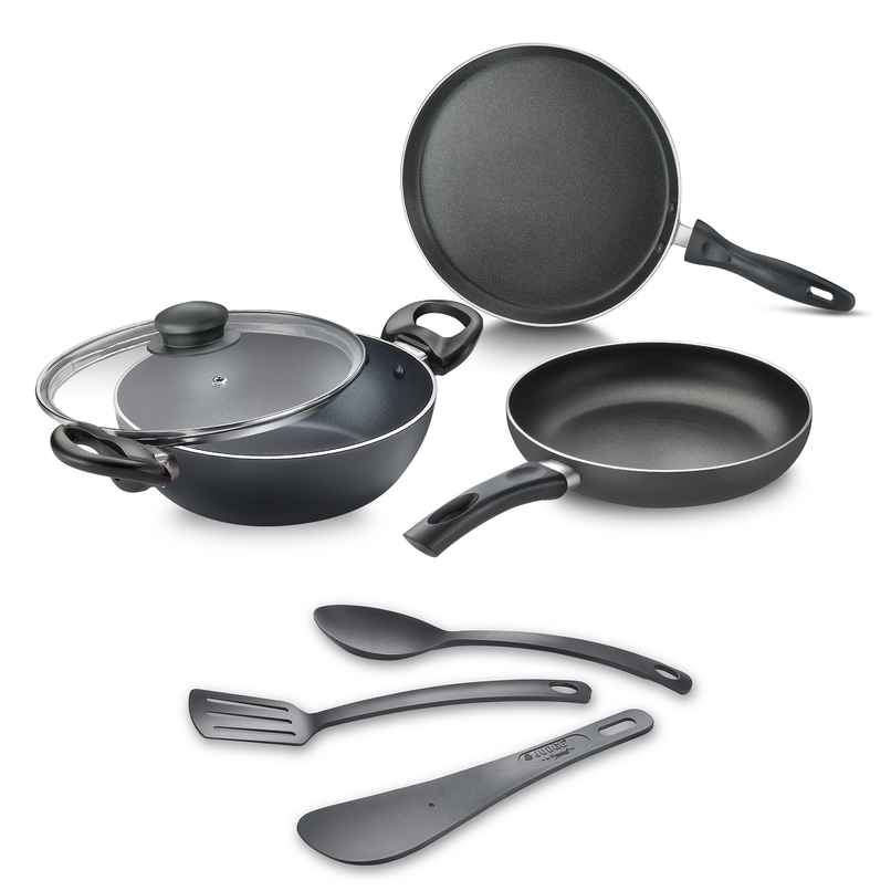 Judge By Prestige ACE NonStick 7Pcs Cookware Set Kadai 20cm with G Lid,FP 20cm,OT 25cm,3 tools,Black