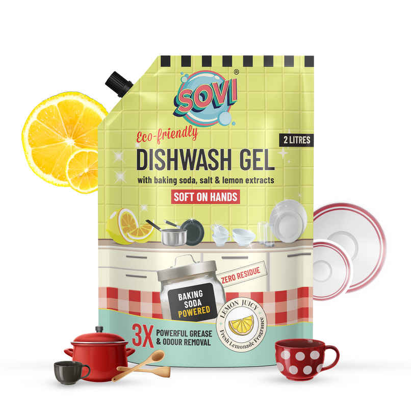 Sovi Eco-Friendly Dishwash Liquid With Baking Soda - Salt And Lemon Extract | Lemon Juicy