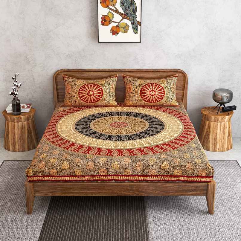 Furnofy King Size 100% Cotton Jaipuri Print Bedsheet | With 2 Pillow Covers | Multicolour, 90x108in