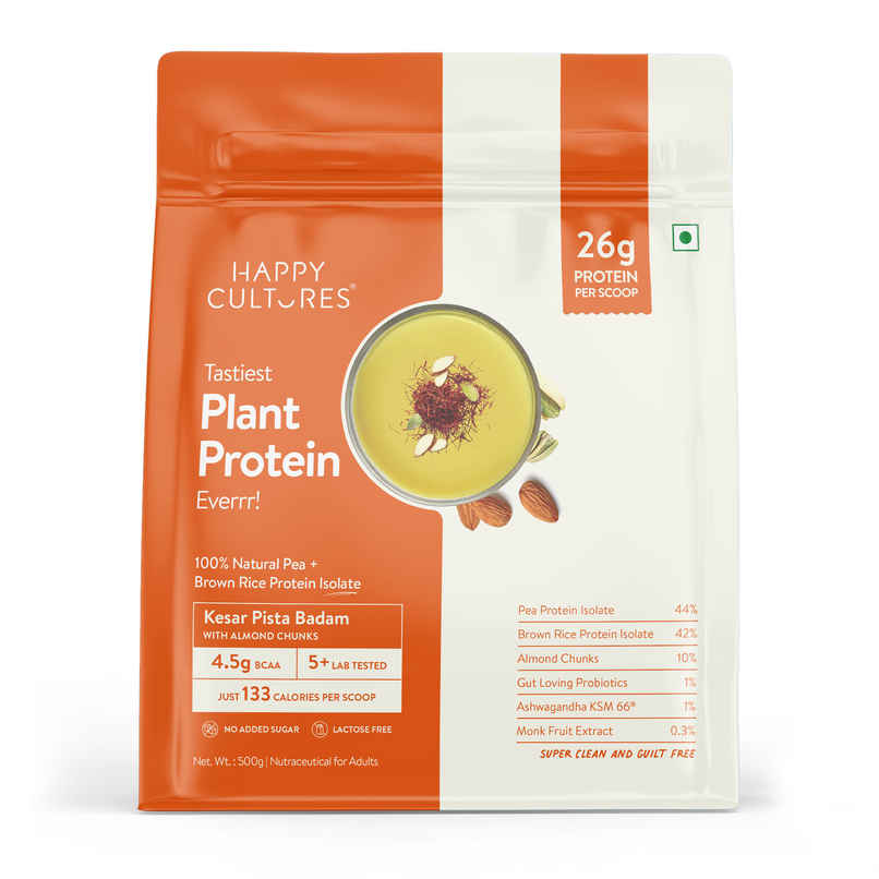 Happy Cultures Plant Protein|Kesar Badam Pista|26G Protein|Pea&Brown Rice Protein|Ahswagandha KSM66