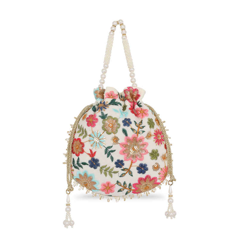 Lavie Women's Jiya Floral Embroidered Potli | White