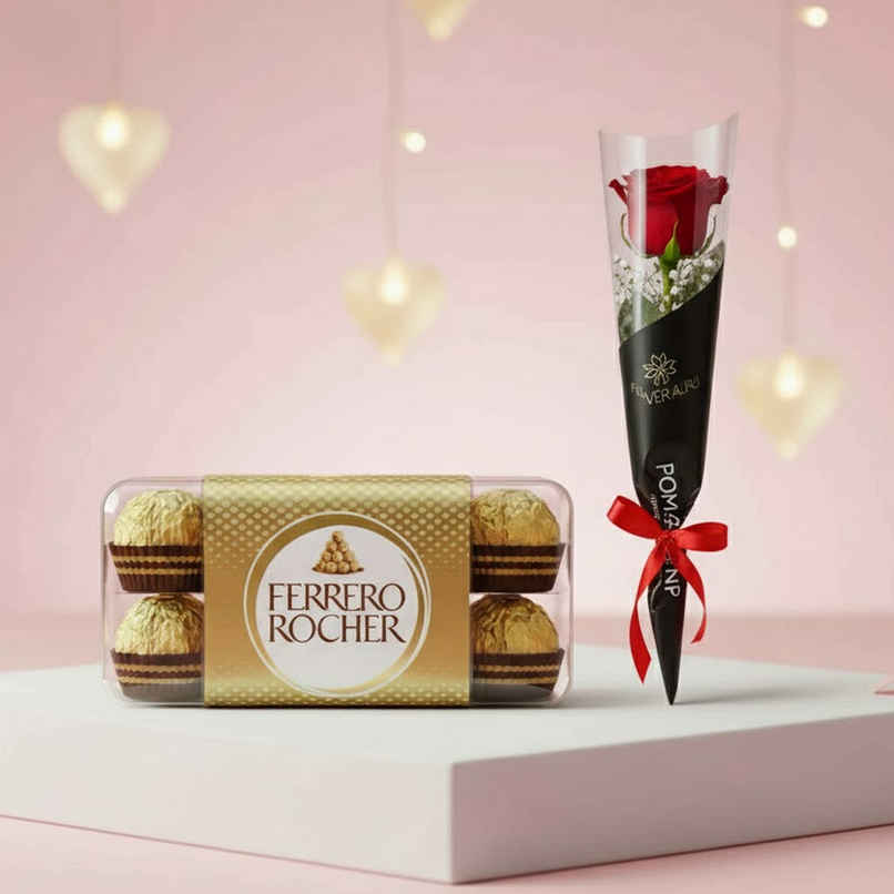 Ferrero Rocher Gift Pack (200g) & Floweraura 3 Red Roses In Sleeve (1pc) Combo