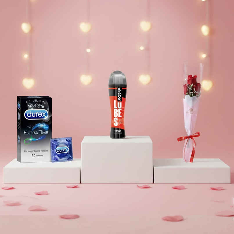 Durex Extra Time Condom | Long|Last Condoms (10pc) & Skore Lubes - Cherry Flavour (50ml) & Floweraura 3 Red Roses In Sleeve (1pc) Combo