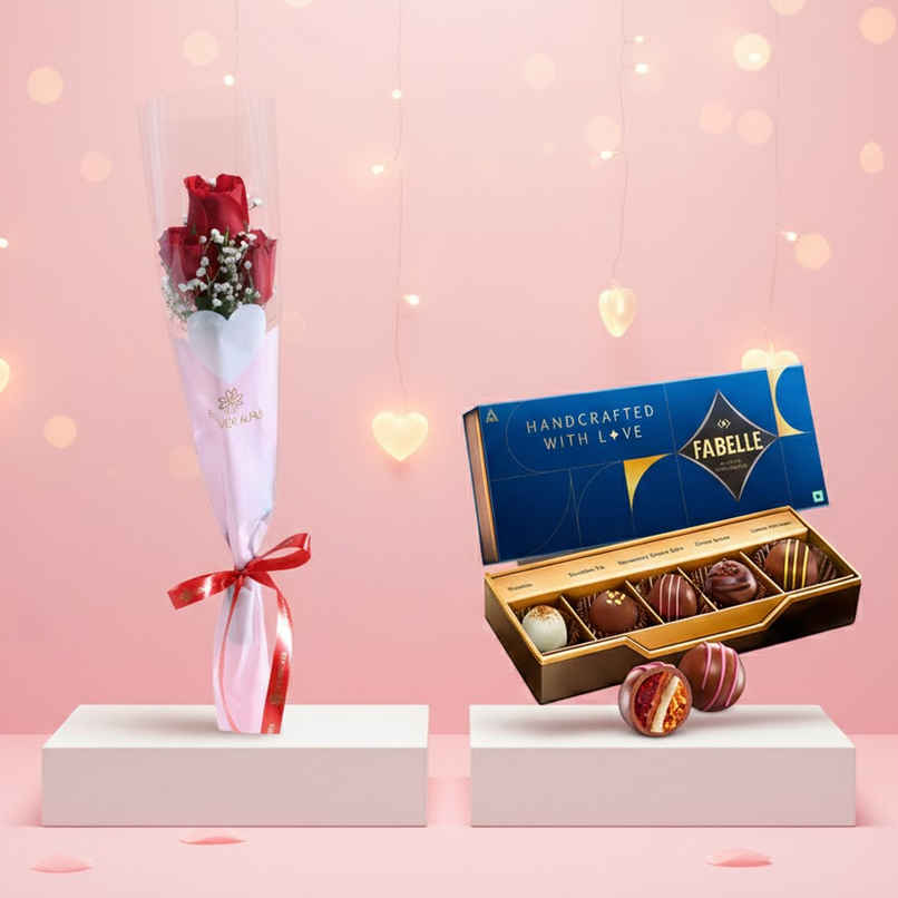 Floweraura 3 Red Roses In Sleeve (1pc) & Fabelle Dessert Collection-5 Handcrafted Dessert Inspired Chocolate Truffles (66g) Combo