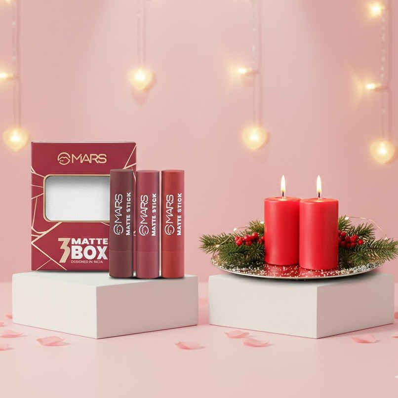 Mars Cosmetics Matte Lipsticks Box | 01 Reds & Maroons (9.6g) & Iris Damask Rose Scented Pillar Candle | Home Decor (1pc) Combo