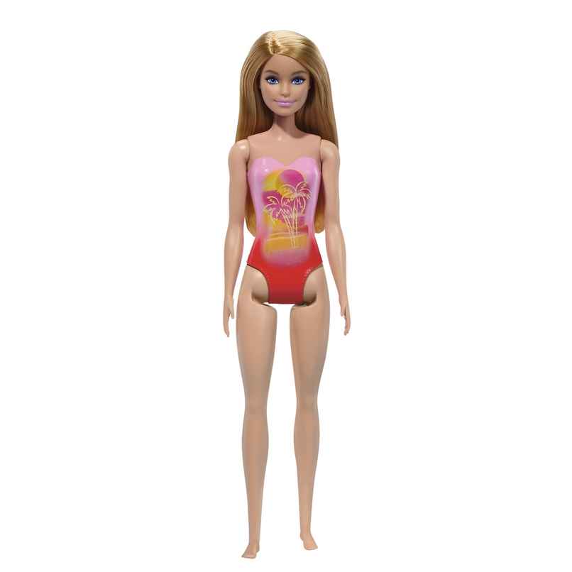 Mattel Barbie Beach Doll with Blond Hair, Pink One-Piece Swimsuit with Palm Tree Print Mattel Barbie Beach Doll with Blond Hair, Pink One-Piece Swimsuit with Palm Tree Print