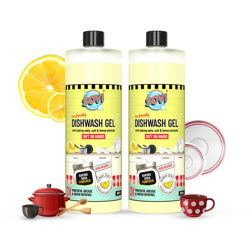 Sovi Dishwash Liquid With Baking Soda - Salt And Lemon Extract | Lemon Juicy | Pack Of 2