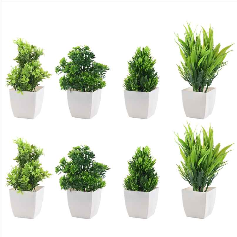Kuber Industries 8 Pcs Set Plastic Mini Artificial Plants with Pot | Deko Square - White
