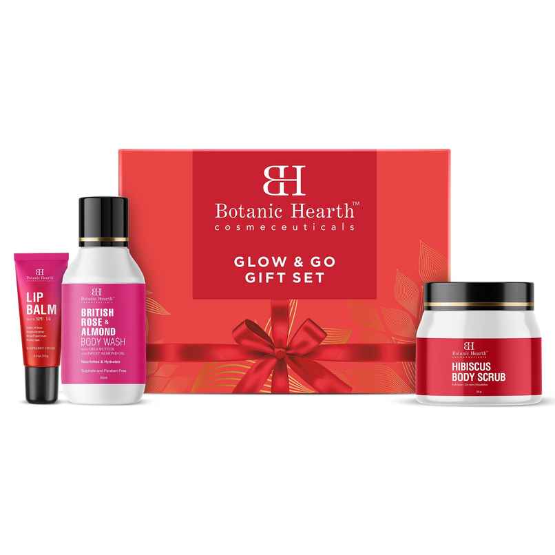 Botanic Hearth Gift Set of 3- Hibiscus Body Scrub | Raspberry Lip Balm | British Rose Body Wash