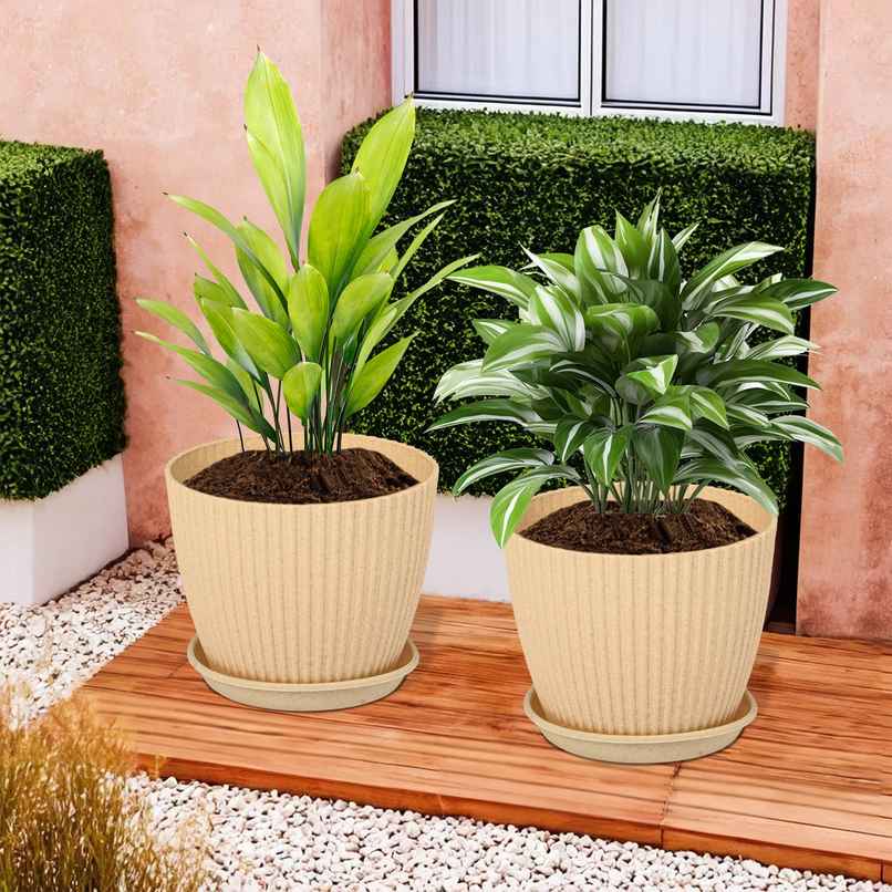Kuber Industries Pack of 2 Flower Pots with Bottom Tray | Planters for Garden | Beige | 9 Inch Kuber Industries Pack of 2 Flower Pots with Bottom Tray | Planters for Garden | Beige | 9 Inch