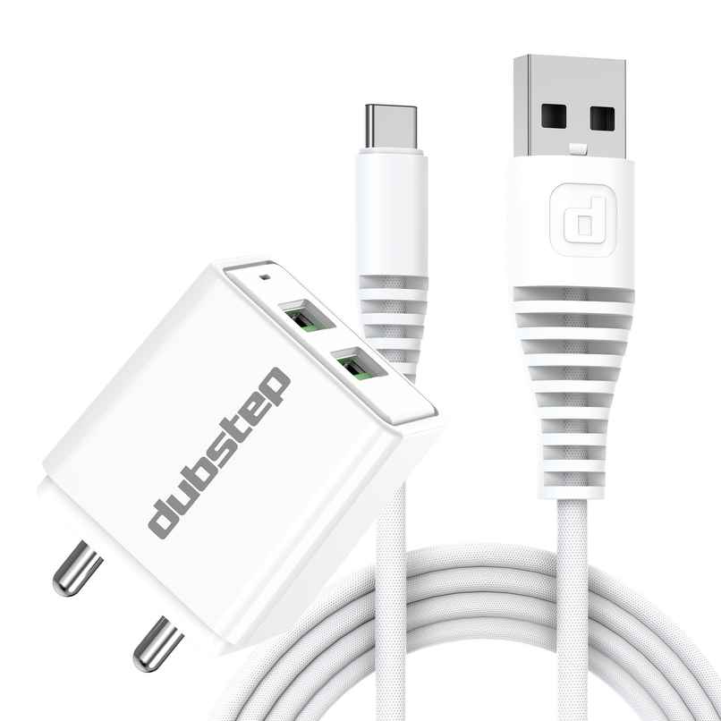 Dubstep Sprint 16W Dual USB Port Wall Charger with 1M Type-C Cable, Multi-Layer Smart Chip Protection, Fast Charging Adaptor for All iOS & Android Devices - White