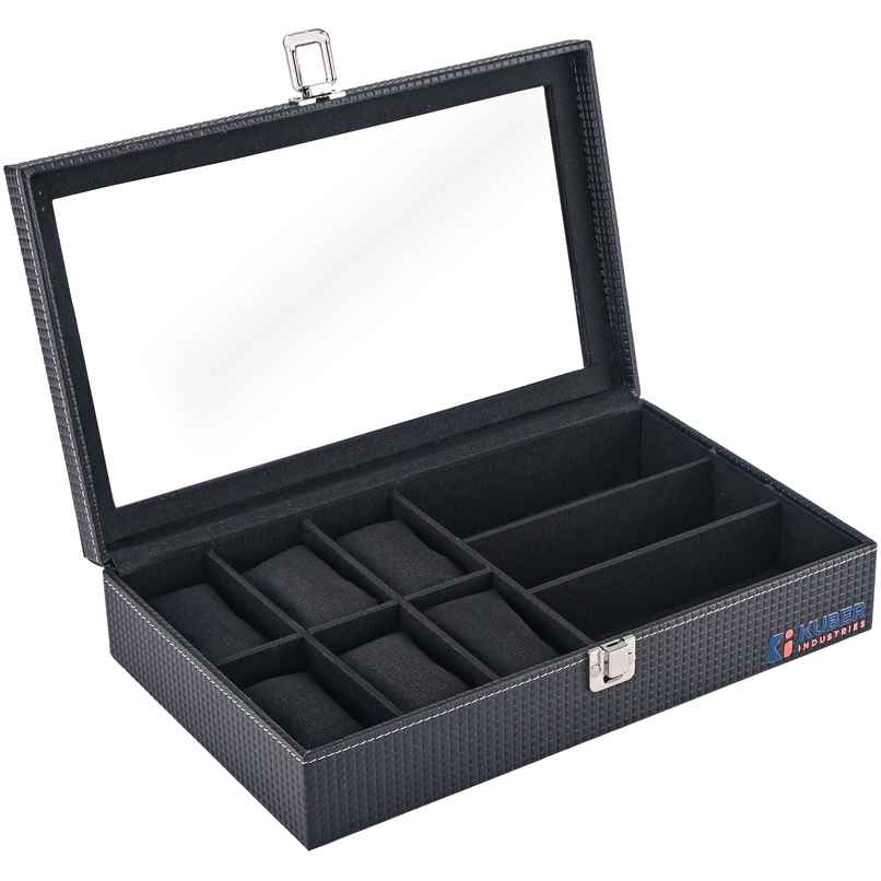Kuber Industries Premium Faux Leather 6+3 Slots Watch Organizer | Sunglasses& Watch Storage | Black Kuber Industries Premium Faux Leather 6+3 Slots Watch Organizer | Sunglasses& Watch Storage | Black