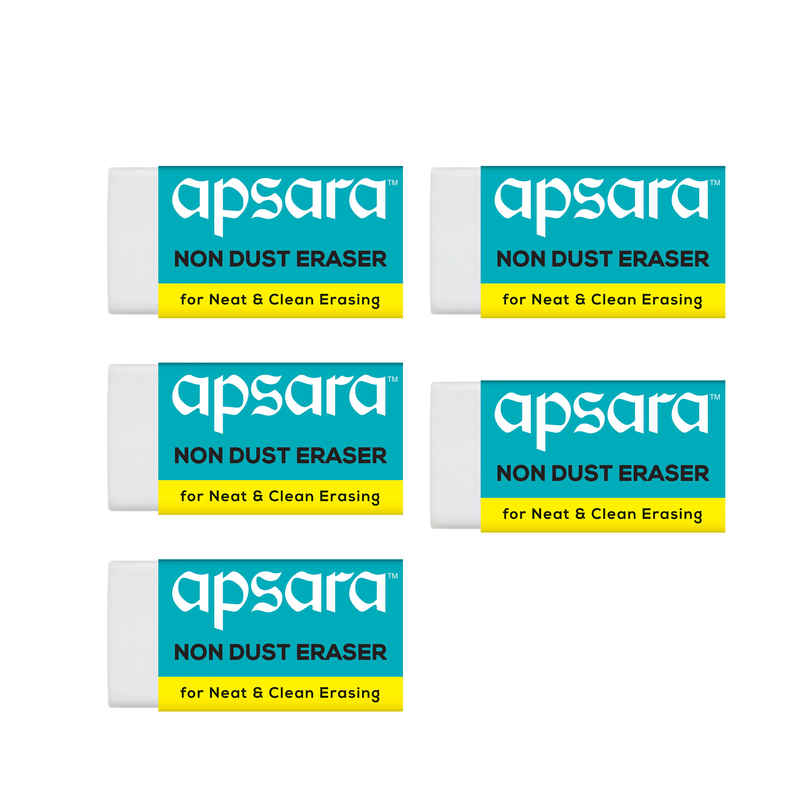 Apsara Non Dust Eraser - Smooth and Clean Erasing | Pack of 5 Apsara Non Dust Eraser - Smooth and Clean Erasing | Pack of 5