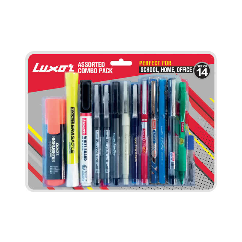 Luxor Assorted Combo Pack 14 in 1 | Markers | Highlighter| Pens| Mechanical Pencil with led Box