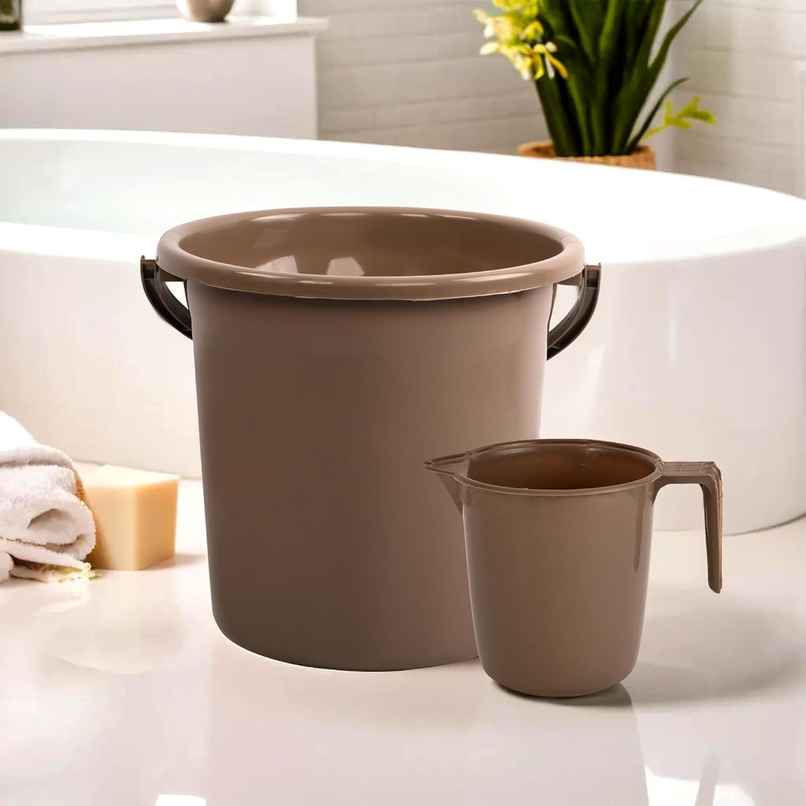 Kuber Industries Bucket & Mug Bathroom Combo Set|Set of 2|Brown