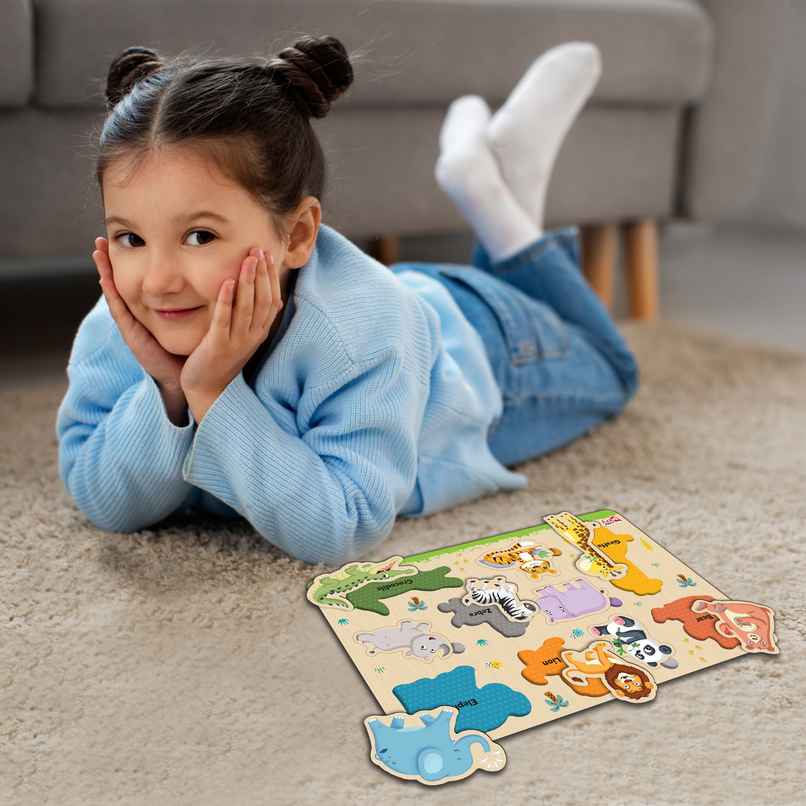 Little Berry Jungle Animals Wooden Knob Puzzle Board For Kids With Pictures - Lb59