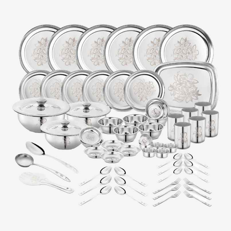 Classic Essentials Heavy Gauge Stainless Steel Permanent Laser Design Glory 61 Pieces Dinner Set