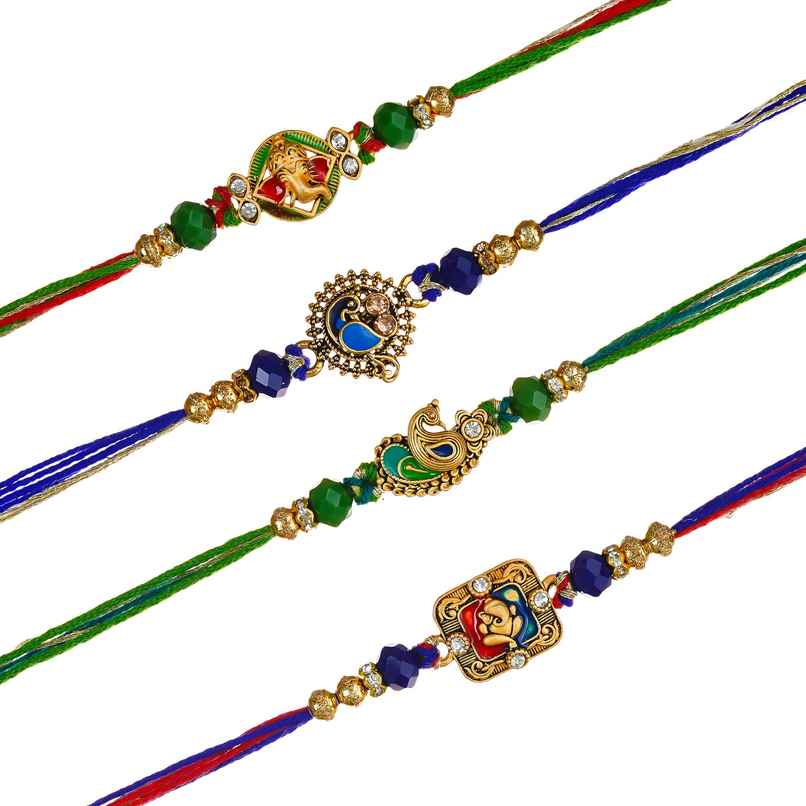 Religious Ganesha and Peacock Designer Rakhis with Roli Chawal Pack | Rakhi for Brother Bhaiya Bhai Bhabhi Kids (eCraftIndia) Set of 4