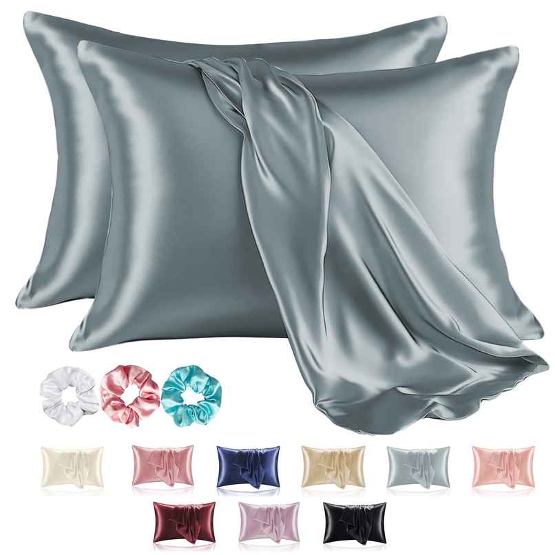 Kuber Industries 2 Pcs Satin Pillow Covers for Hair with 3 Scrunchies for Women | Ash Grey
